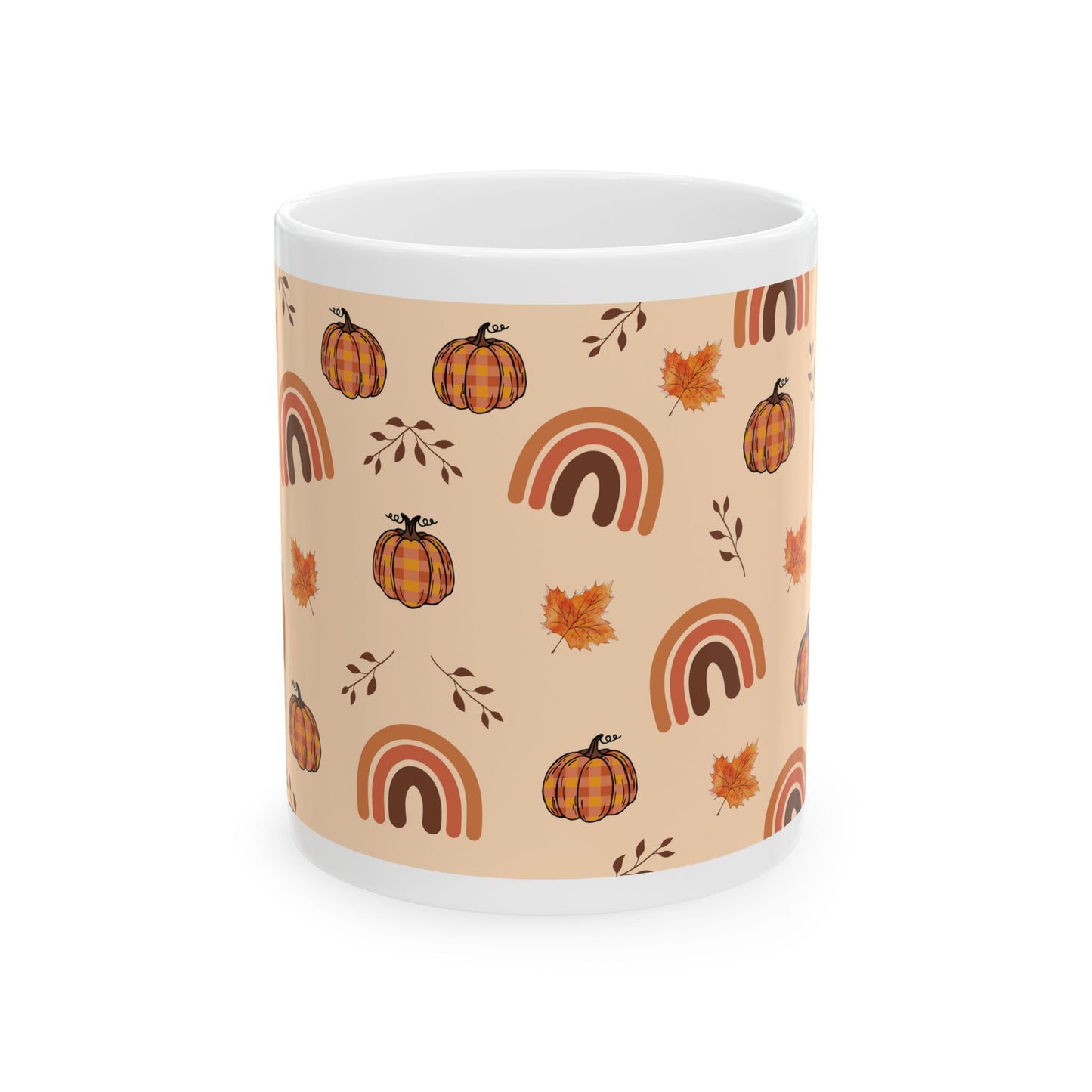 Autumn Vibes Ceramic Mug - 11oz - Colorful Pumpkins & Rainbows