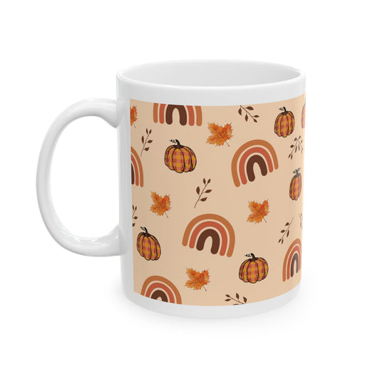 Autumn Vibes Ceramic Mug - 11oz - Colorful Pumpkins & Rainbows